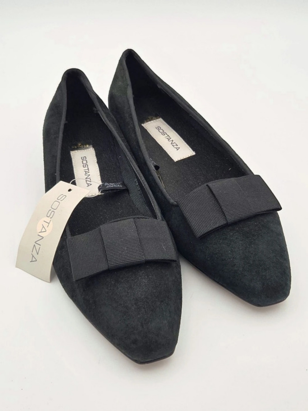 Vintage 90s Sostanza Black Pointed Toe Bow Flats Deadstock Size 9